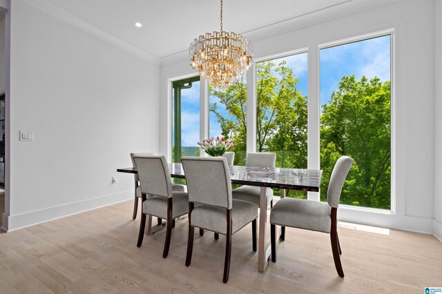 dining space with wood finished floors, baseboards, a chandelier, and recessed lighting