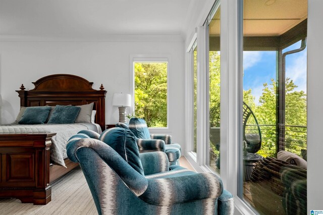 bedroom with access to exterior and ornamental molding