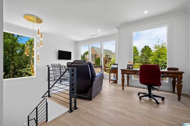 office with light wood-type flooring and crown molding