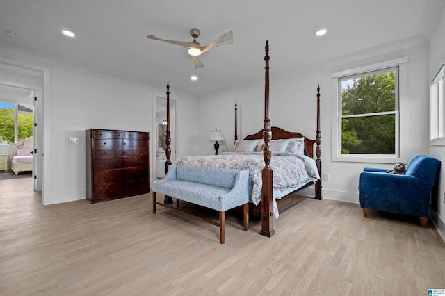 bedroom with light wood-type flooring, baseboards, recessed lighting, and ceiling fan