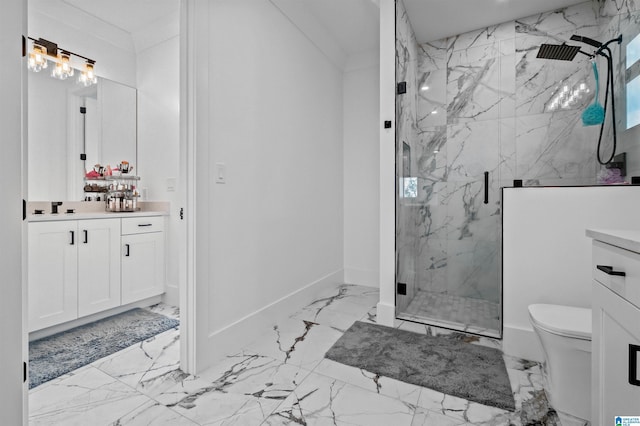 full bath featuring marble look tiles, a marble finish shower, vanity, toilet, and baseboards
