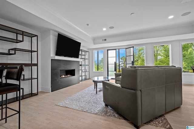 living room featuring a glass covered fireplace, wood finished floors, a tray ceiling, recessed lighting, and baseboards