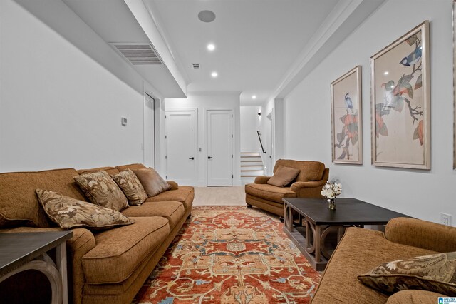 living area with recessed lighting and stairway