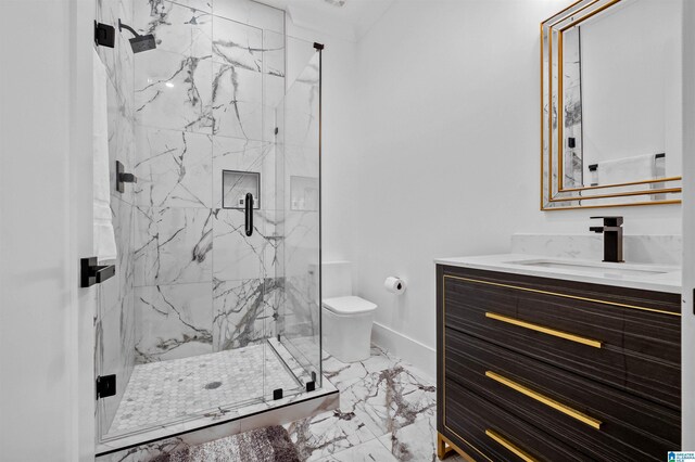 full bath featuring marble tiled flooring, a marble finish shower, toilet, and vanity