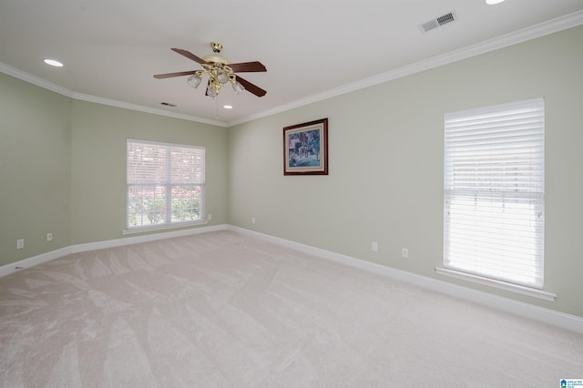 124 Blackstone Ct, Chelsea, AL 35043 - unfurnished room with visible vents, ornamental molding, light carpet, baseboards, and ceiling fan