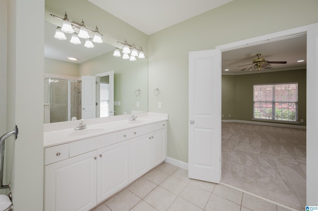 124 Blackstone Ct, Chelsea, AL 35043 - bathroom with tile patterned flooring, a sink, ceiling fan, and a shower stall