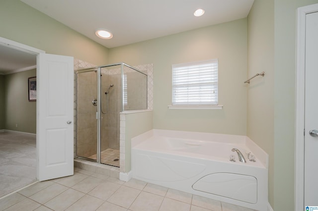 124 Blackstone Ct, Chelsea, AL 35043 - full bath featuring tile patterned flooring, recessed lighting, baseboards, a shower stall, and a garden tub