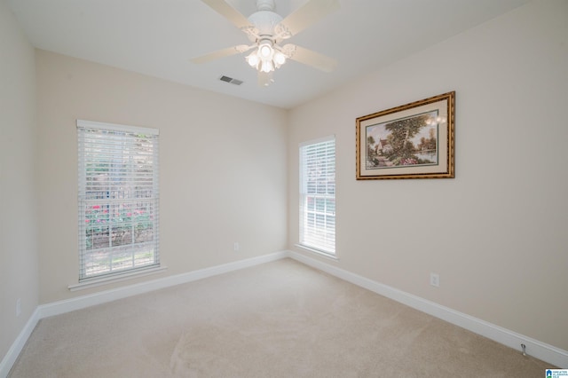 124 Blackstone Ct, Chelsea, AL 35043 - empty room featuring baseboards, visible vents, a ceiling fan, and light colored carpet