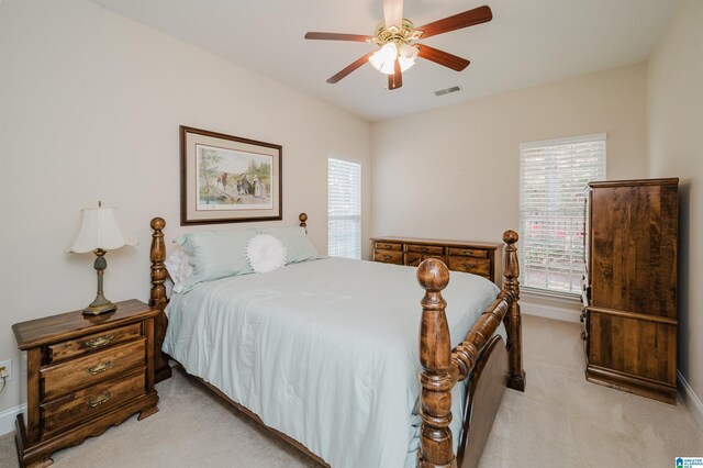124 Blackstone Ct, Chelsea, AL 35043 - bedroom with visible vents, baseboards, ceiling fan, and light colored carpet