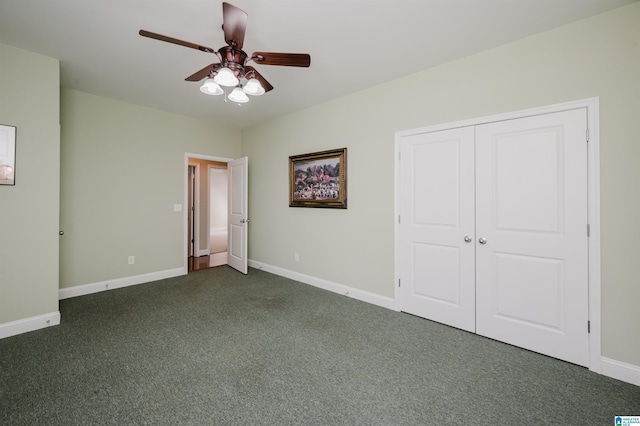 124 Blackstone Ct, Chelsea, AL 35043 - unfurnished bedroom featuring baseboards, ceiling fan, dark carpet, and a closet