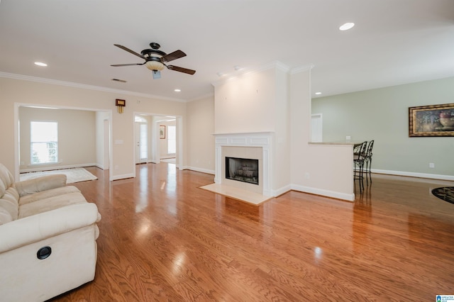 124 Blackstone Ct, Chelsea, AL 35043 - living room featuring plenty of natural light, ceiling fan, wood finished floors, and crown molding