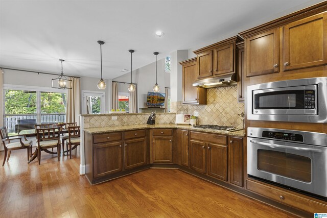 kitchen featuring appliances with stainless steel finishes, plenty of natural light, a peninsula, and dark wood-type flooring