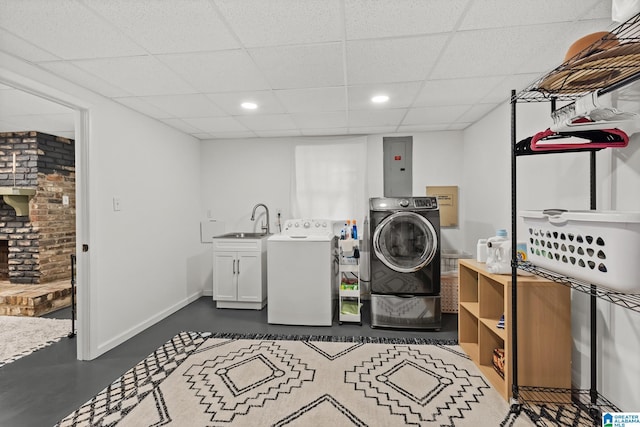 1700 Kestwick Dr, Hoover, AL 35226 - laundry room featuring electric panel, cabinet space, a sink, baseboards, and washer and dryer