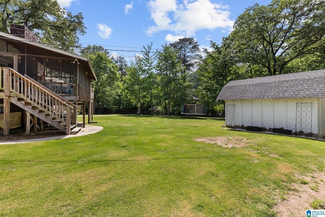 1700 Kestwick Dr, Hoover, AL 35226 - view of yard with stairway, an outdoor structure, a sunroom, and a storage unit