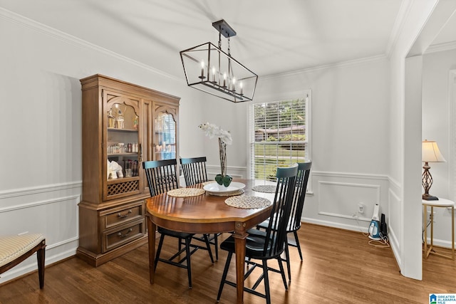 1700 Kestwick Dr, Hoover, AL 35226 - dining room with crown molding, a wainscoted wall, dark wood-style floors, and a chandelier