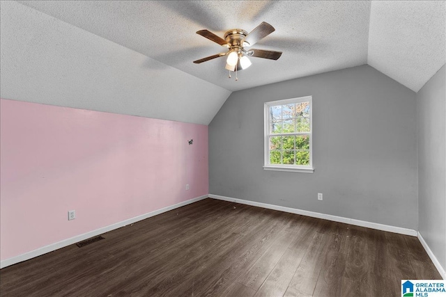 906 Ridgewood Dr, Remlap, AL 35133 - additional living space featuring visible vents, wood finished floors, lofted ceiling, ceiling fan, and a textured ceiling