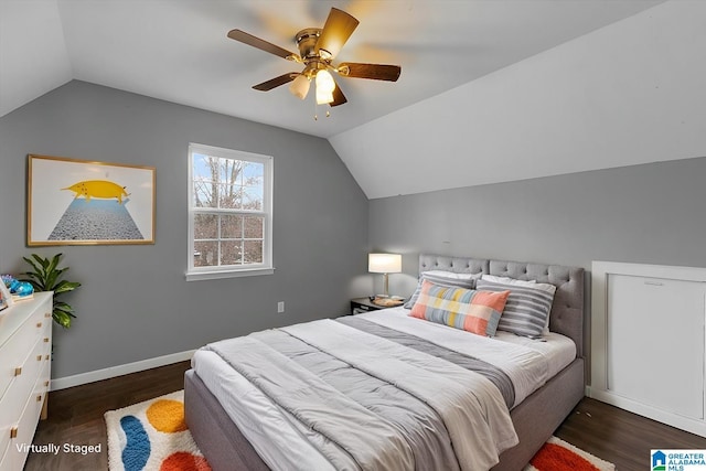 906 Ridgewood Dr, Remlap, AL 35133 - bedroom featuring wood finished floors, baseboards, ceiling fan, and lofted ceiling
