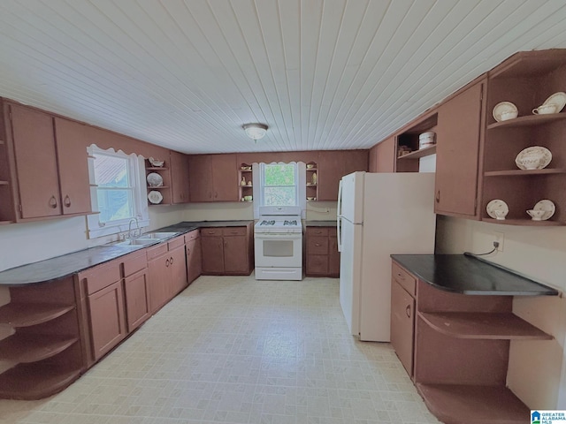 103 Thatcher St, Piedmont, AL 36272 - kitchen with dark countertops, open shelves, a sink, white appliances, and wooden ceiling