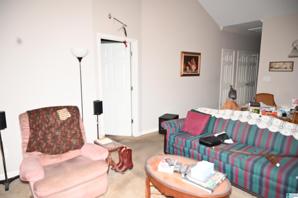 carpeted living area featuring baseboards and vaulted ceiling