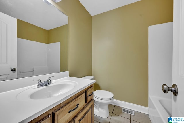 bathroom featuring visible vents, tile patterned flooring, vanity, baseboards, and toilet