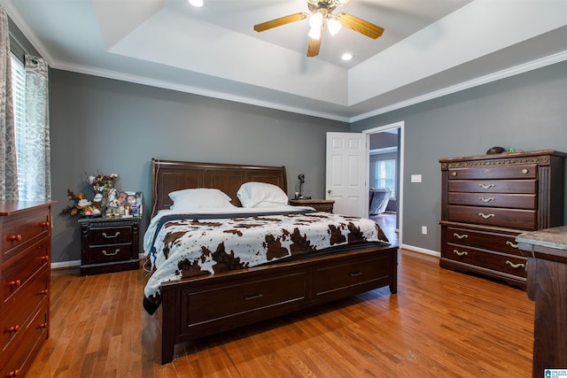bedroom featuring a raised ceiling, wood finished floors, and multiple windows