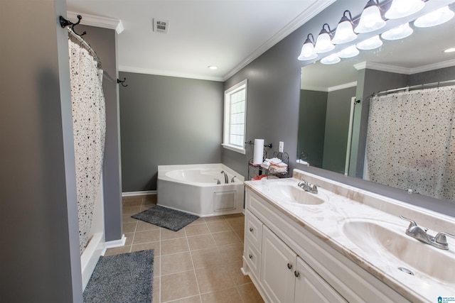 bathroom with visible vents, a sink, crown molding, and tile patterned flooring