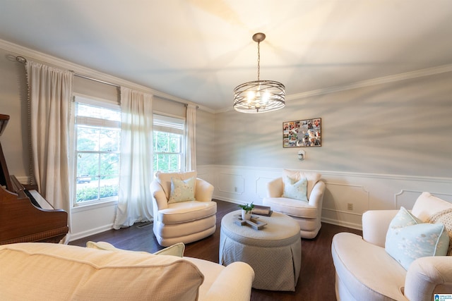 1836 Canton Rd, Vestavia Hills, AL 35216 - living room featuring ornamental molding, a chandelier, wood finished floors, wainscoting, and baseboards
