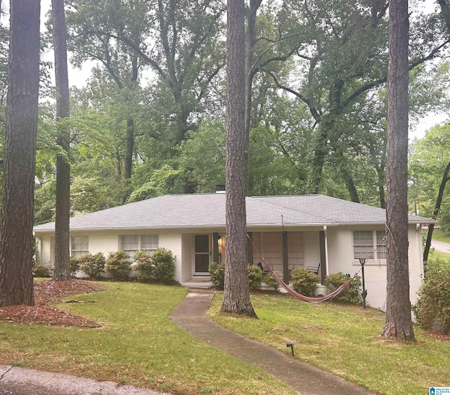 ranch-style home with stucco siding and a front lawn