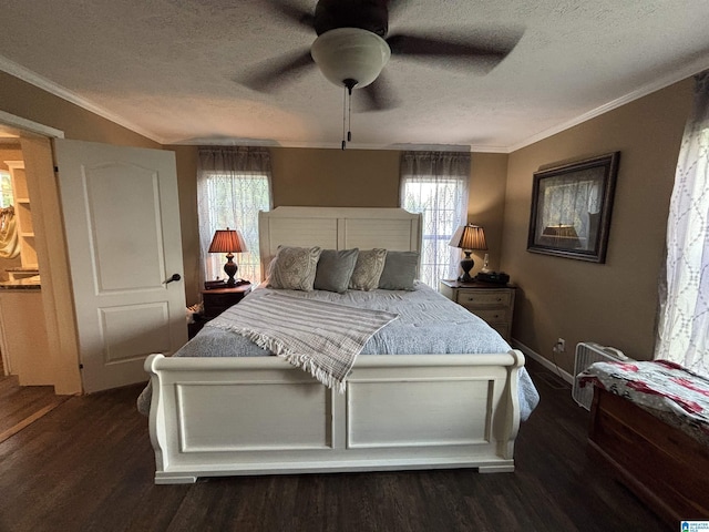 1525 Marvin Adcock Rd, Hayden, AL 35079 - bedroom with dark wood-style floors, a textured ceiling, baseboards, crown molding, and a ceiling fan