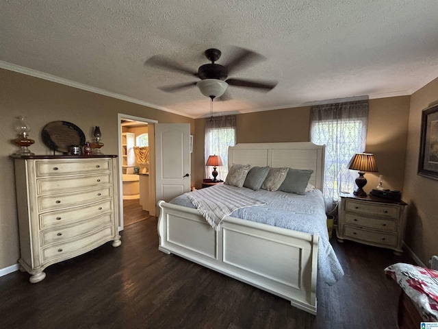 1525 Marvin Adcock Rd, Hayden, AL 35079 - bedroom with dark wood-style floors, a textured ceiling, crown molding, ensuite bath, and ceiling fan