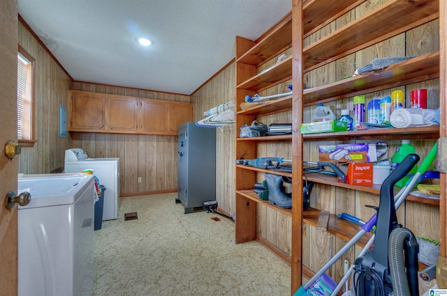 laundry area with baseboards, wooden walls, light colored carpet, washer and clothes dryer, and cabinet space