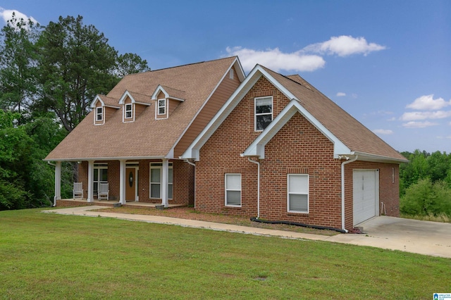 view of front of home featuring a porch, brick siding, concrete driveway, and a front lawn