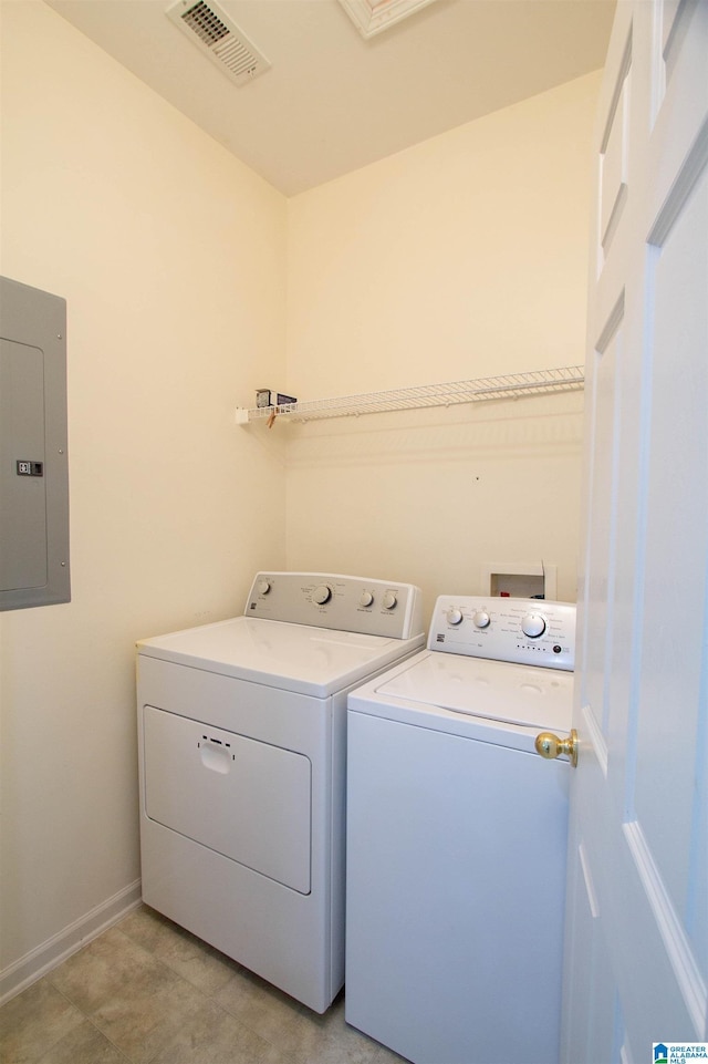 laundry room with laundry area, visible vents, baseboards, electric panel, and separate washer and dryer