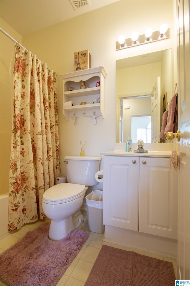 full bathroom with tile patterned flooring, vanity, toilet, shower / tub combo, and visible vents