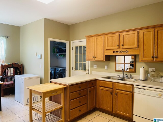 196 King James Ct, Alabaster, AL 35007 - kitchen with dishwasher, refrigerator, a sink, light tile patterned floors, and washing machine and clothes dryer