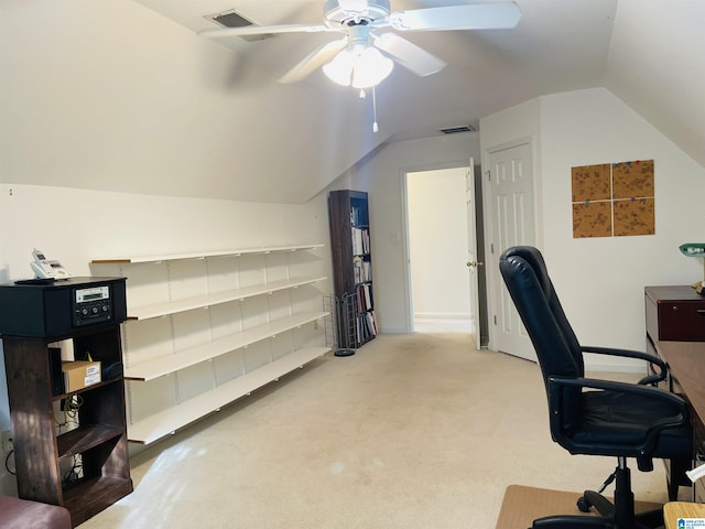 196 King James Ct, Alabaster, AL 35007 - carpeted office with lofted ceiling, a ceiling fan, and baseboards