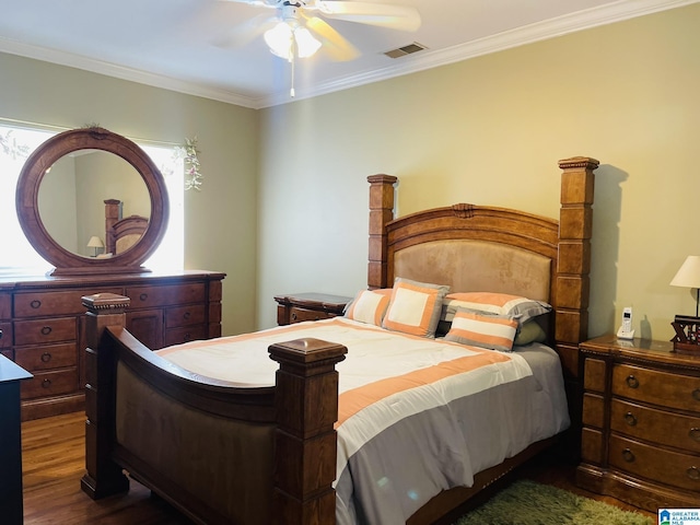 196 King James Ct, Alabaster, AL 35007 - bedroom with dark wood finished floors, ornamental molding, and ceiling fan