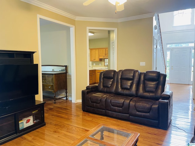 196 King James Ct, Alabaster, AL 35007 - living area featuring ornamental molding, light wood-type flooring, and ceiling fan
