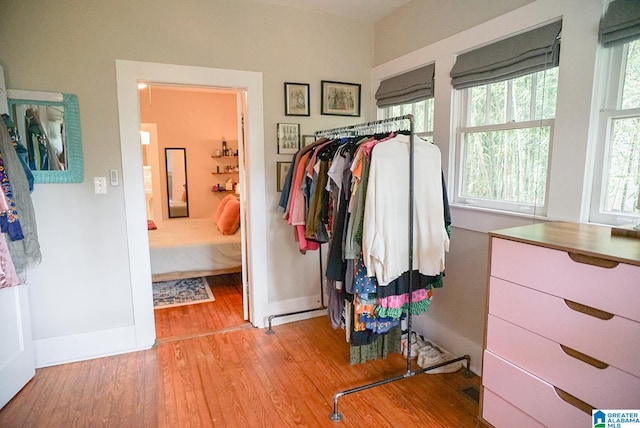 interior space featuring baseboards, wood finished floors, and connected bathroom