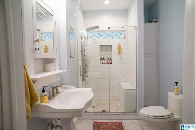 full bathroom with a sink, a stall shower, and toilet