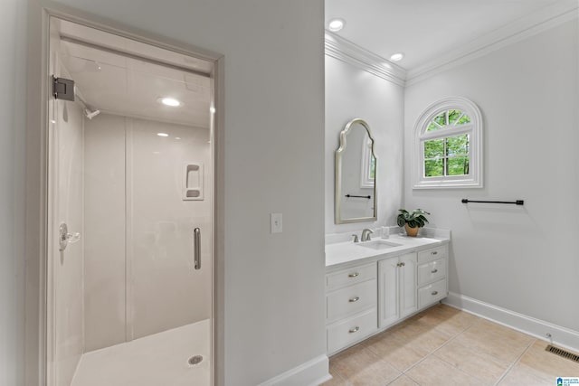 2074 Royal Fern Ln, Hoover, AL 35244 - bathroom with tile patterned flooring, baseboards, visible vents, ornamental molding, and a stall shower