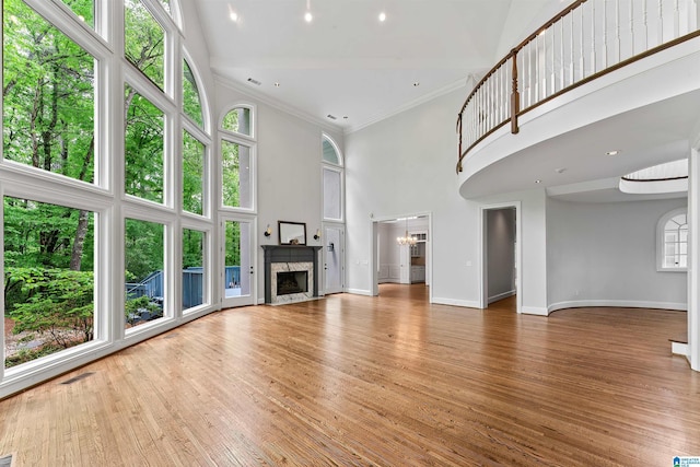2074 Royal Fern Ln, Hoover, AL 35244 - unfurnished living room with a high end fireplace, wood finished floors, baseboards, ornamental molding, and a high ceiling