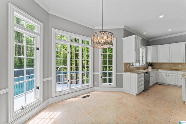 2074 Royal Fern Ln, Hoover, AL 35244 - kitchen with white cabinets, a sink, a chandelier, stainless steel dishwasher, and visible vents
