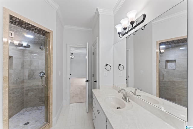 2074 Royal Fern Ln, Hoover, AL 35244 - bathroom featuring vanity, tile patterned floors, ornamental molding, and a shower stall