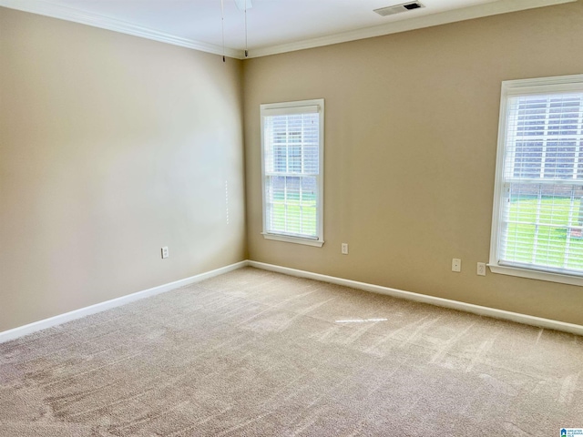 spare room featuring crown molding, baseboards, and light colored carpet