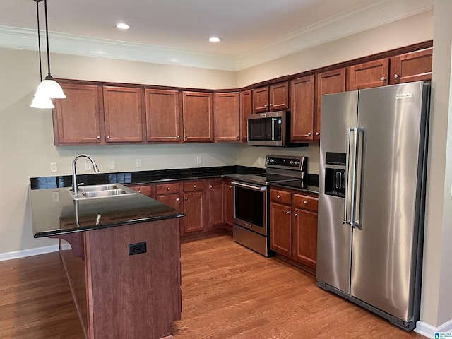 kitchen featuring pendant lighting, appliances with stainless steel finishes, wood finished floors, a sink, and a peninsula