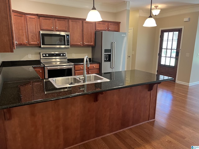 kitchen featuring a sink, appliances with stainless steel finishes, ornamental molding, and dark wood-style flooring