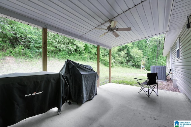 view of patio with central AC and a ceiling fan