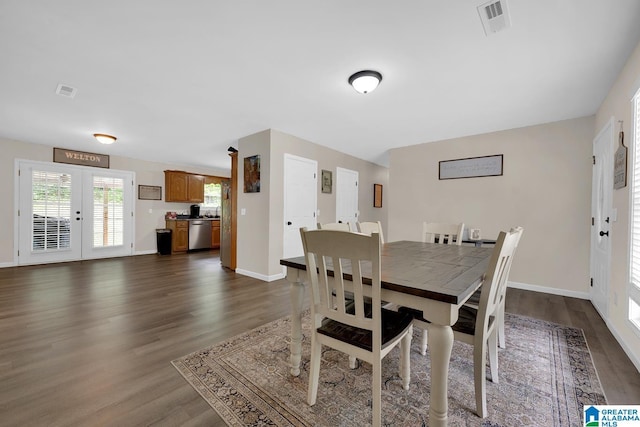 dining space with visible vents, dark wood finished floors, and baseboards