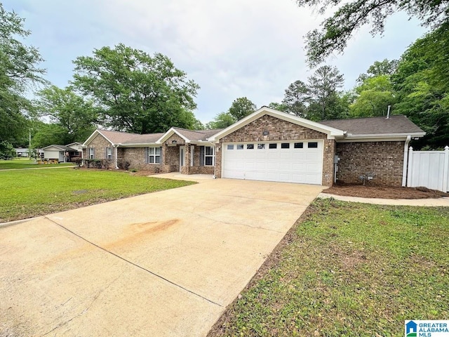 ranch-style home with driveway, brick siding, fence, a front lawn, and an attached garage